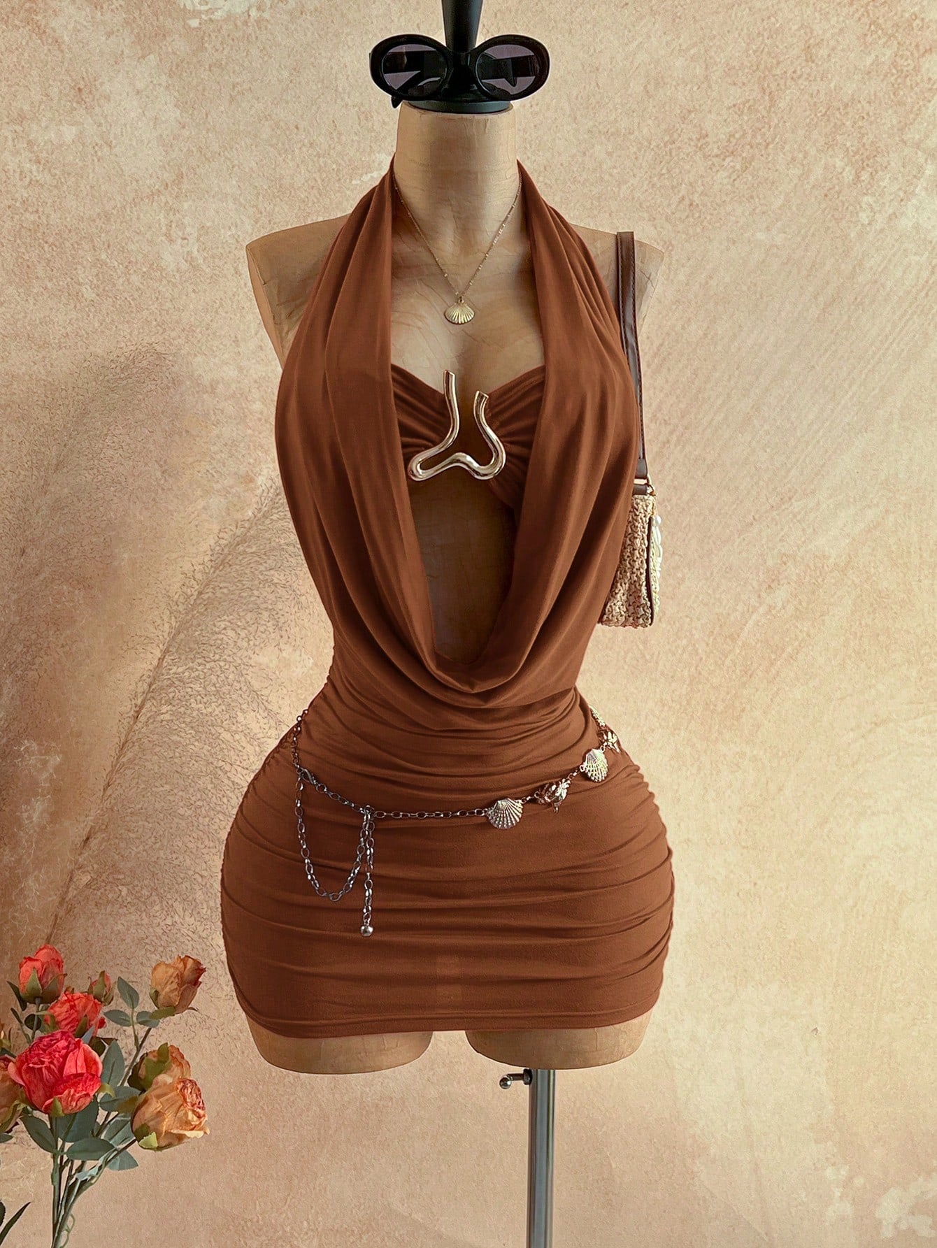 Soleia Women's Cowl Neck Backless Halter Mini Dress,No Breast Pads