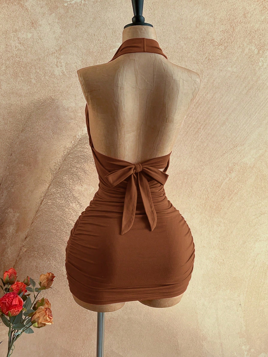 Soleia Women's Cowl Neck Backless Halter Mini Dress,No Breast Pads
