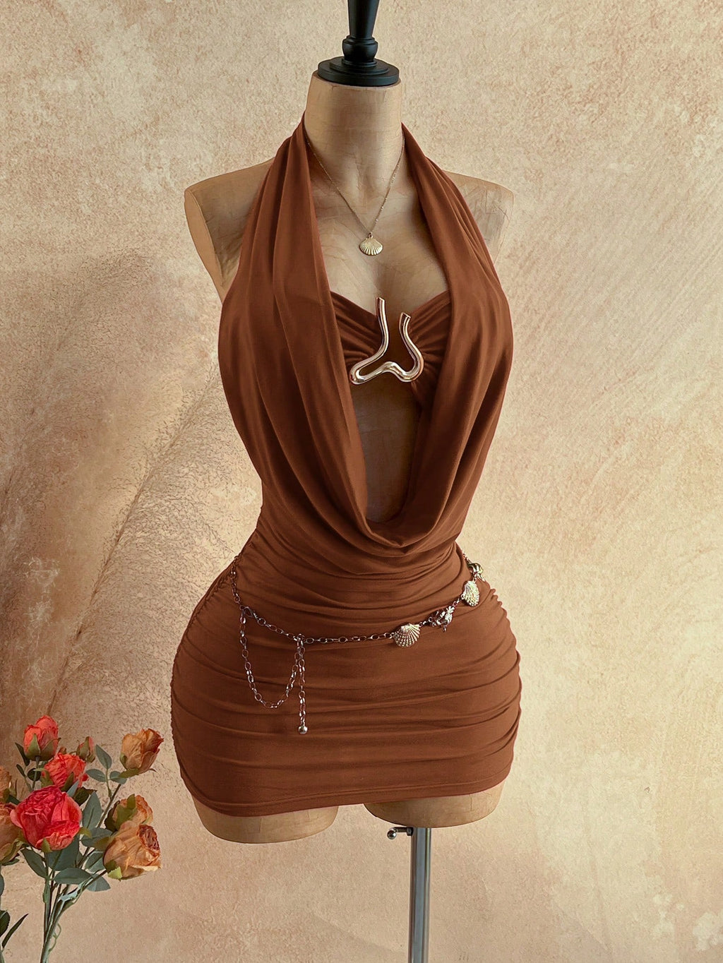 Soleia Women's Cowl Neck Backless Halter Mini Dress,No Breast Pads