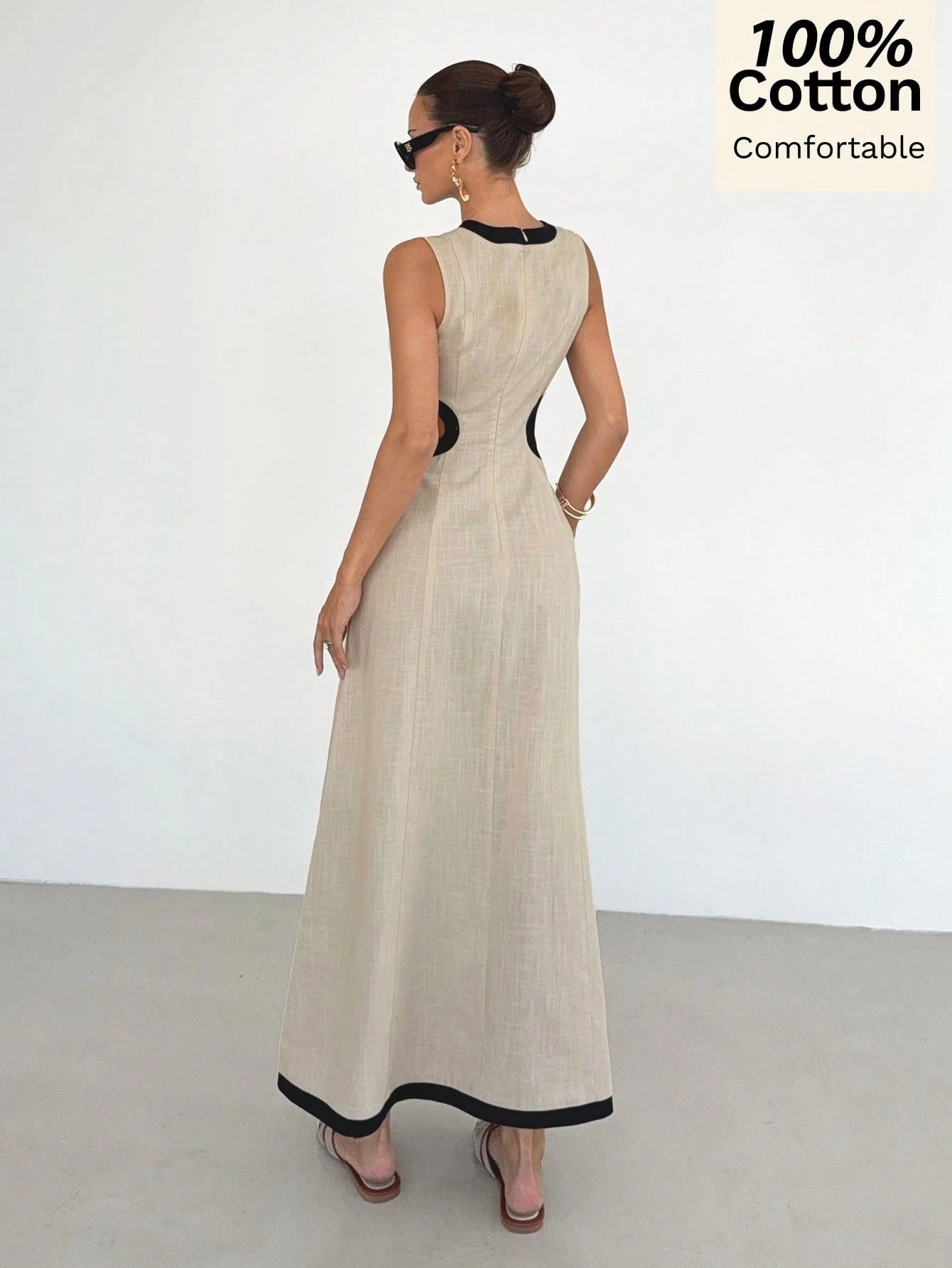 Siren Gaze 100 Pure Cotton Black And Silver Summer Sleeveless Hollowed-Out Long Dress French Elegance - image 2