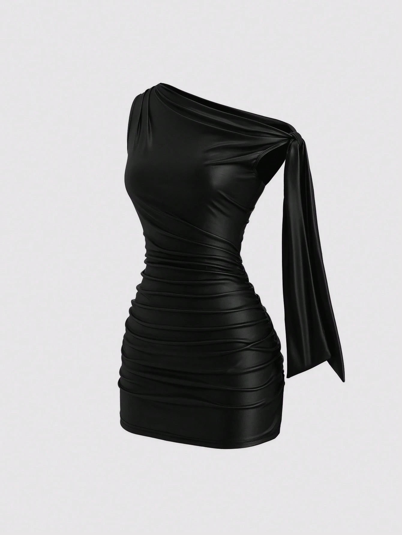 Sweetra Wine Red Black Coated Elastic Asymmetric Neck Ruched Slim Fit Mini Dress,Side - image 17