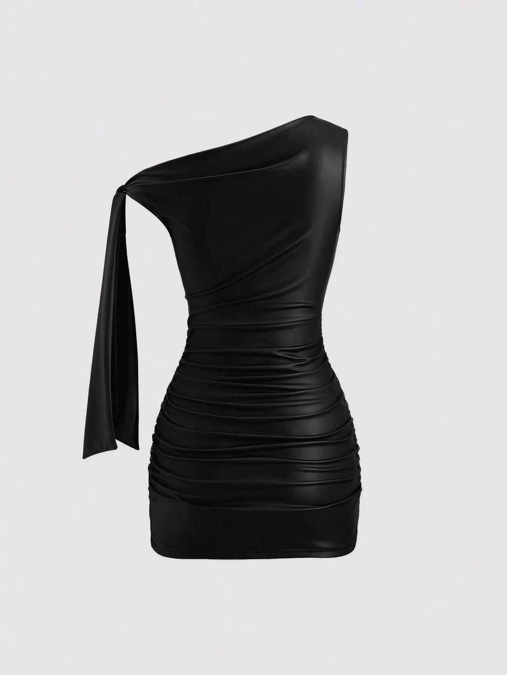 Sweetra Wine Red Black Coated Elastic Asymmetric Neck Ruched Slim Fit
