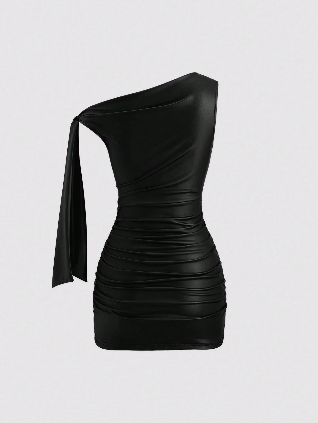 Sweetra Wine Red Black Coated Elastic Asymmetric Neck Ruched Slim Fit