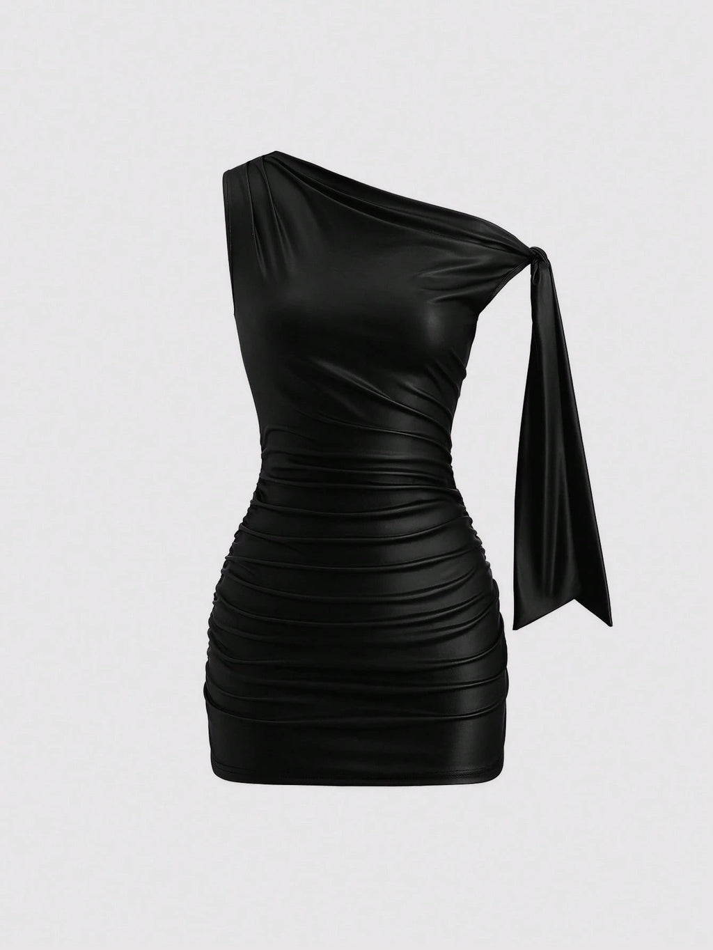 Sweetra Wine Red Black Coated Elastic Asymmetric Neck Ruched Slim Fit