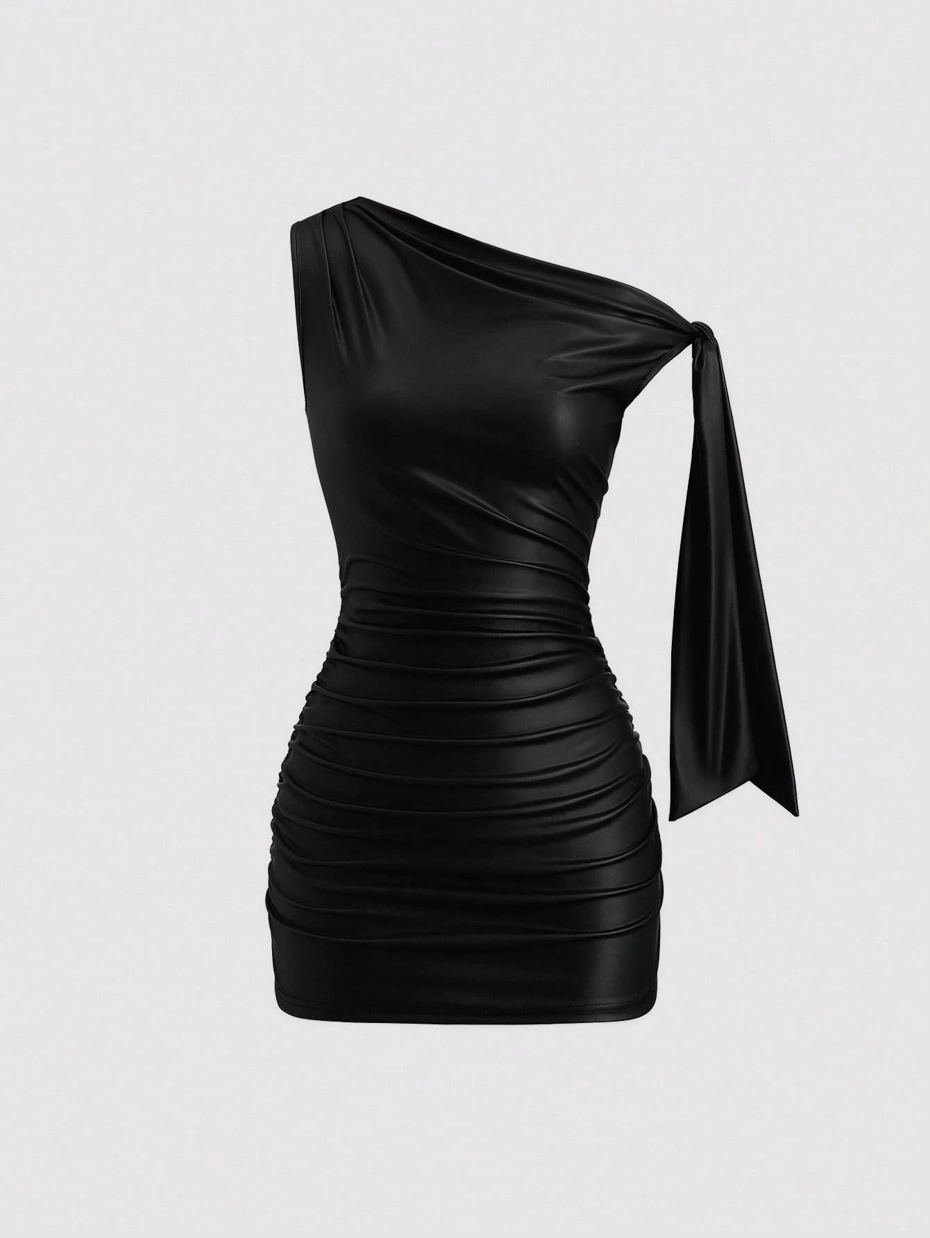 Sweetra Wine Red Black Coated Elastic Asymmetric Neck Ruched Slim Fit