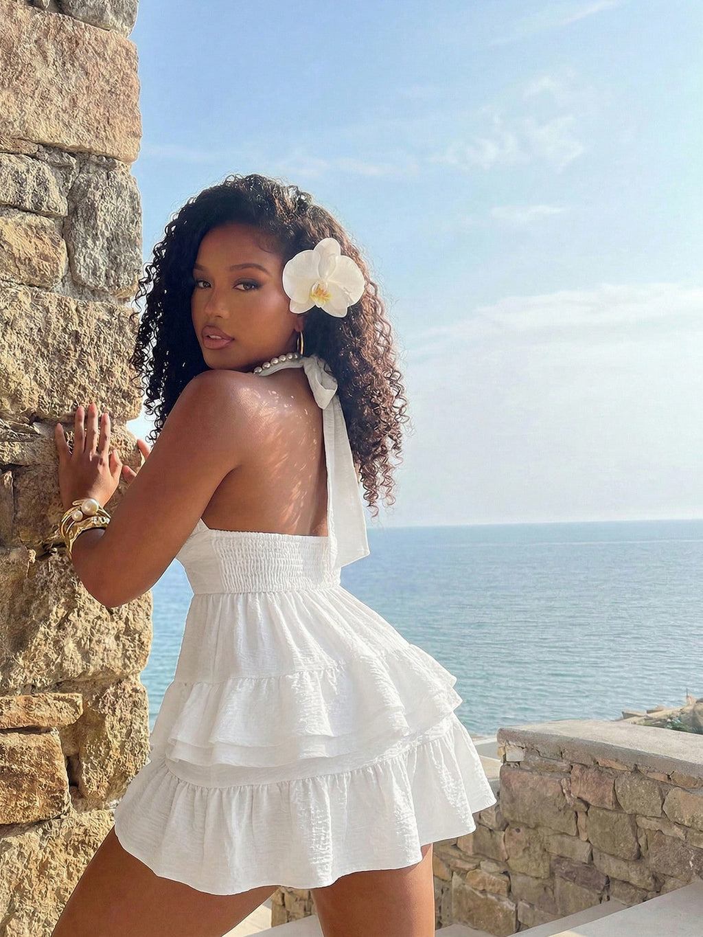 BamGleam White V-Neck Layered Ruffle A-Line Mini Dress, High Waist