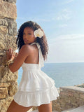 BamGleam White V-Neck Layered Ruffle A-Line Mini Dress, High Waist