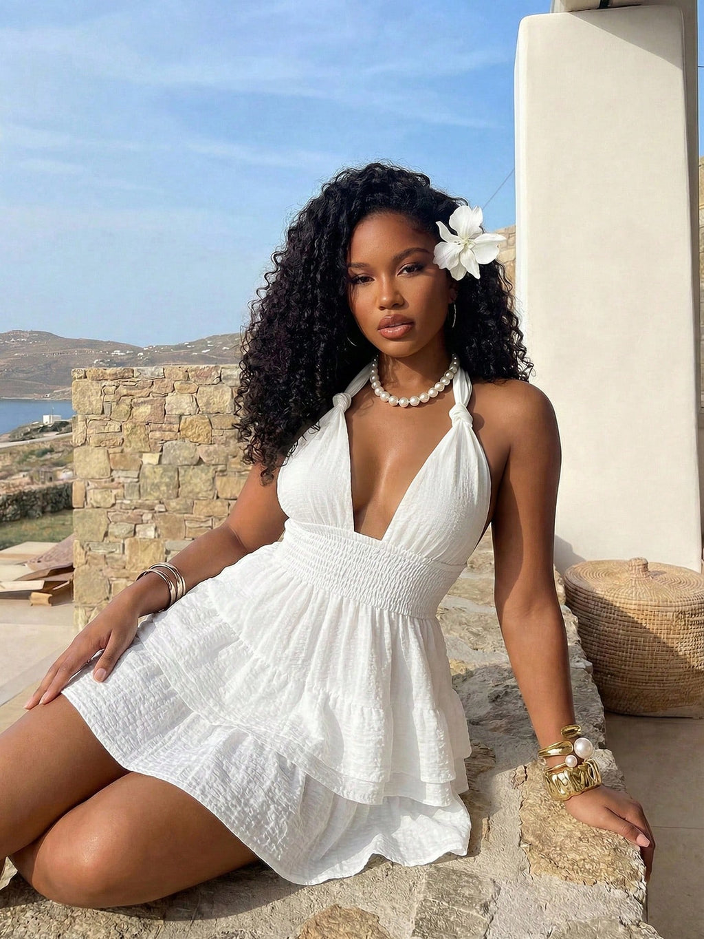 BamGleam White V-Neck Layered Ruffle A-Line Mini Dress, High Waist