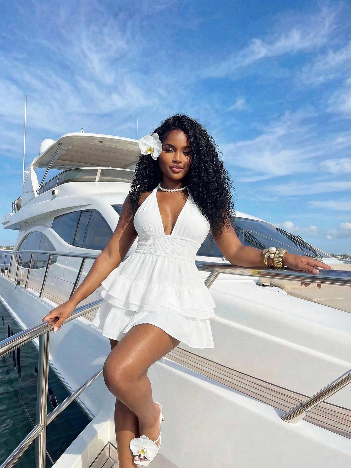BamGleam White V-Neck Layered Ruffle A-Line Mini Dress, High Waist