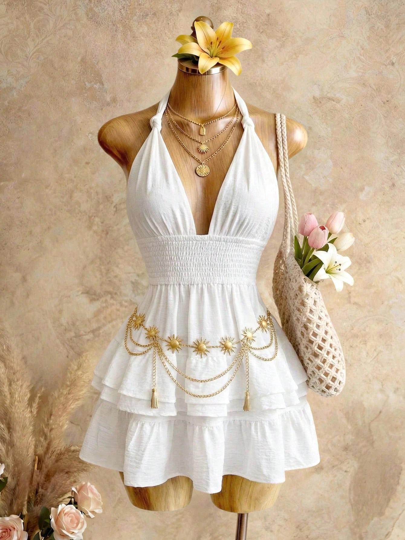 BamGleam White V-Neck Layered Ruffle A-Line Mini Dress, High Waist Pleated Backless Vacation Sundress For - image 5