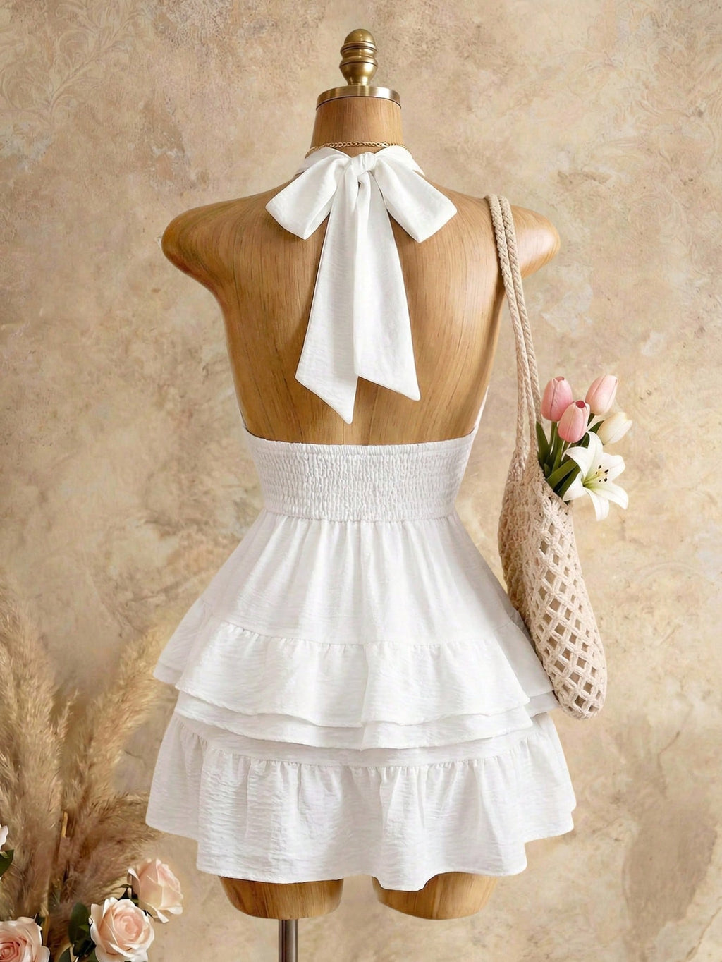 BamGleam White V-Neck Layered Ruffle A-Line Mini Dress, High Waist