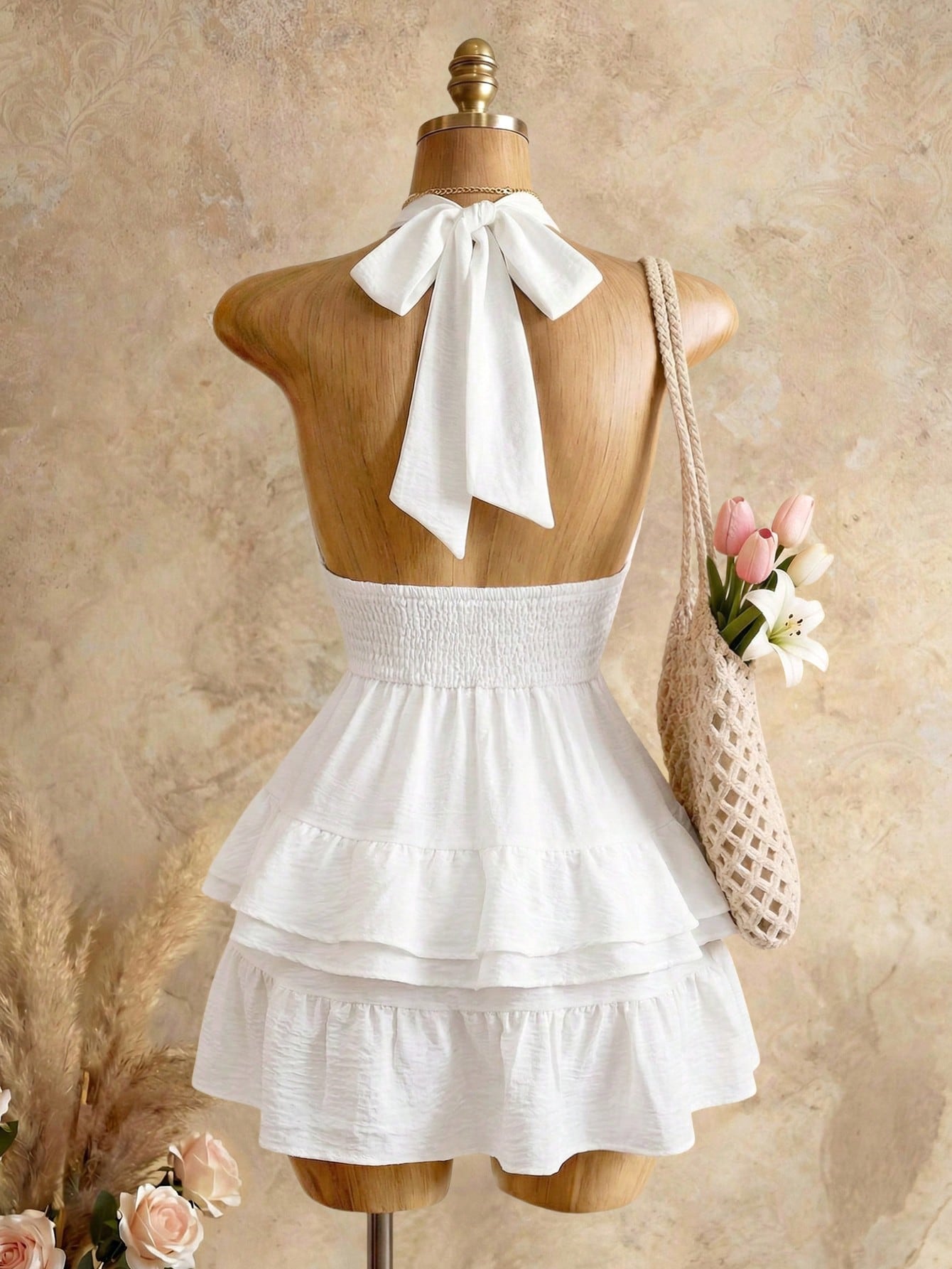 BamGleam White V-Neck Layered Ruffle A-Line Mini Dress, High Waist