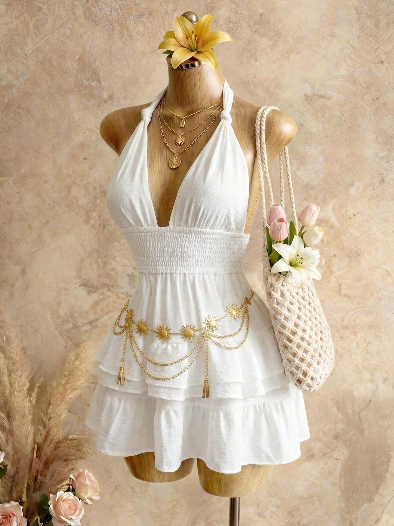 BamGleam White V-Neck Layered Ruffle A-Line Mini Dress, High Waist