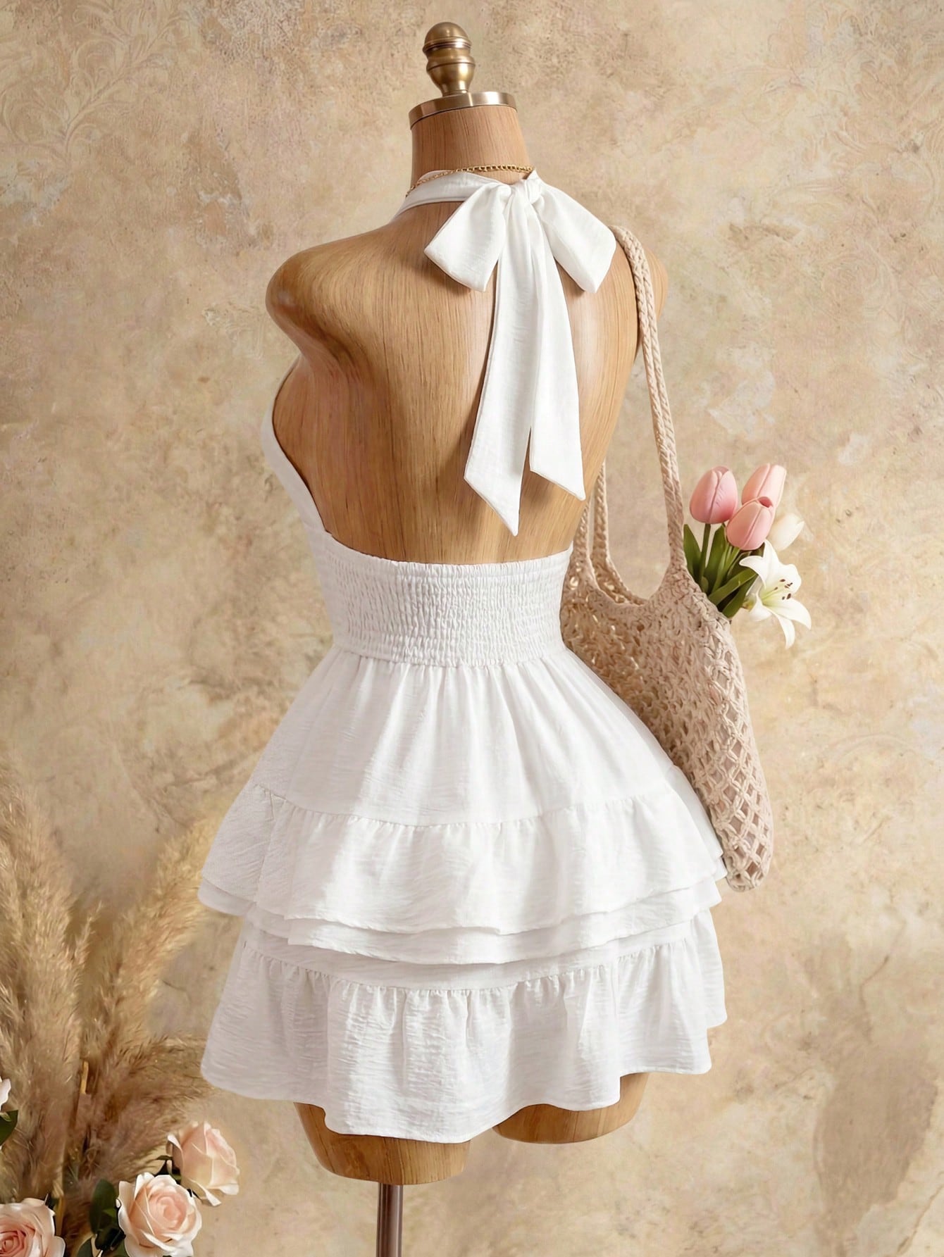 BamGleam White V-Neck Layered Ruffle A-Line Mini Dress, High Waist