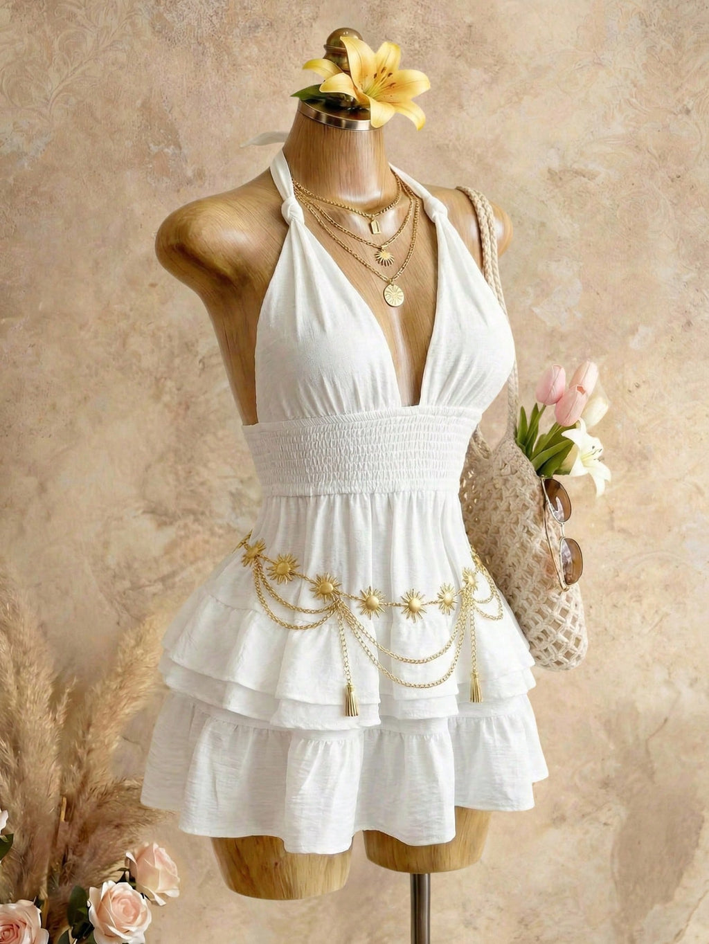 BamGleam White V-Neck Layered Ruffle A-Line Mini Dress, High Waist