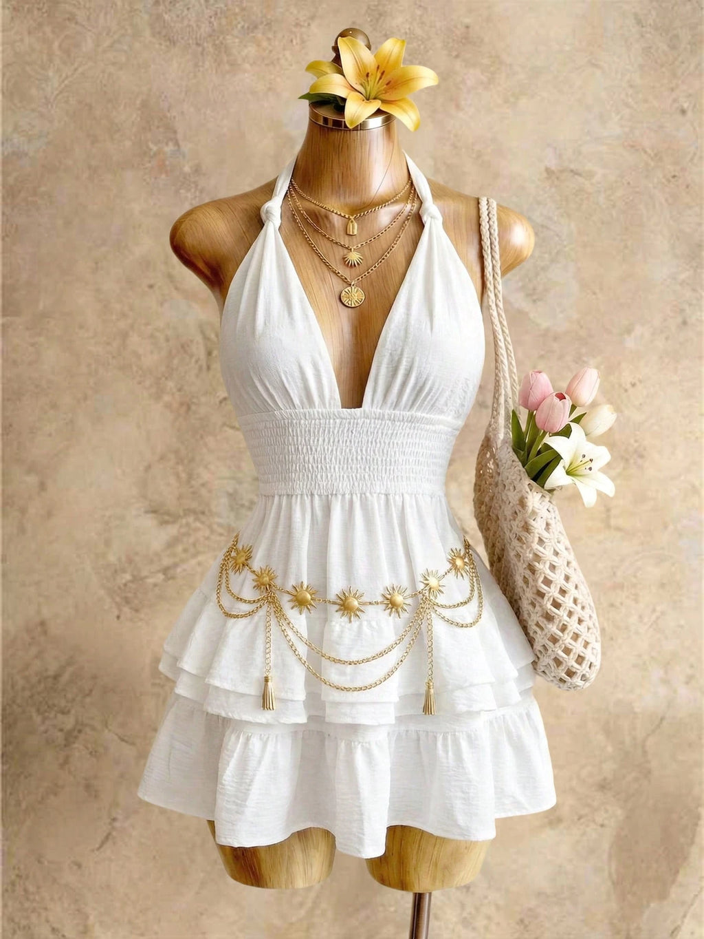 BamGleam White V-Neck Layered Ruffle A-Line Mini Dress, High Waist