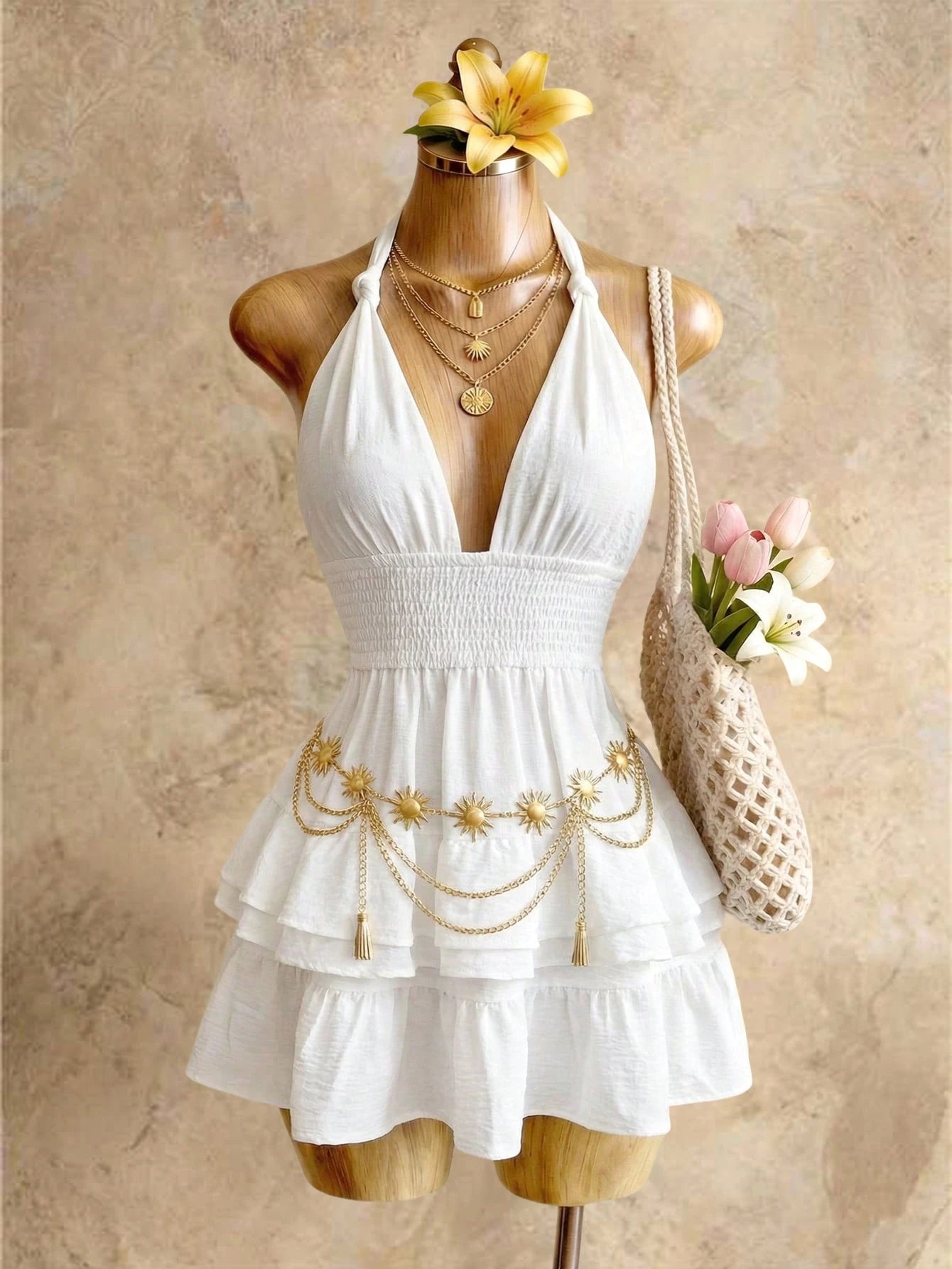 BamGleam White V-Neck Layered Ruffle A-Line Mini Dress, High Waist