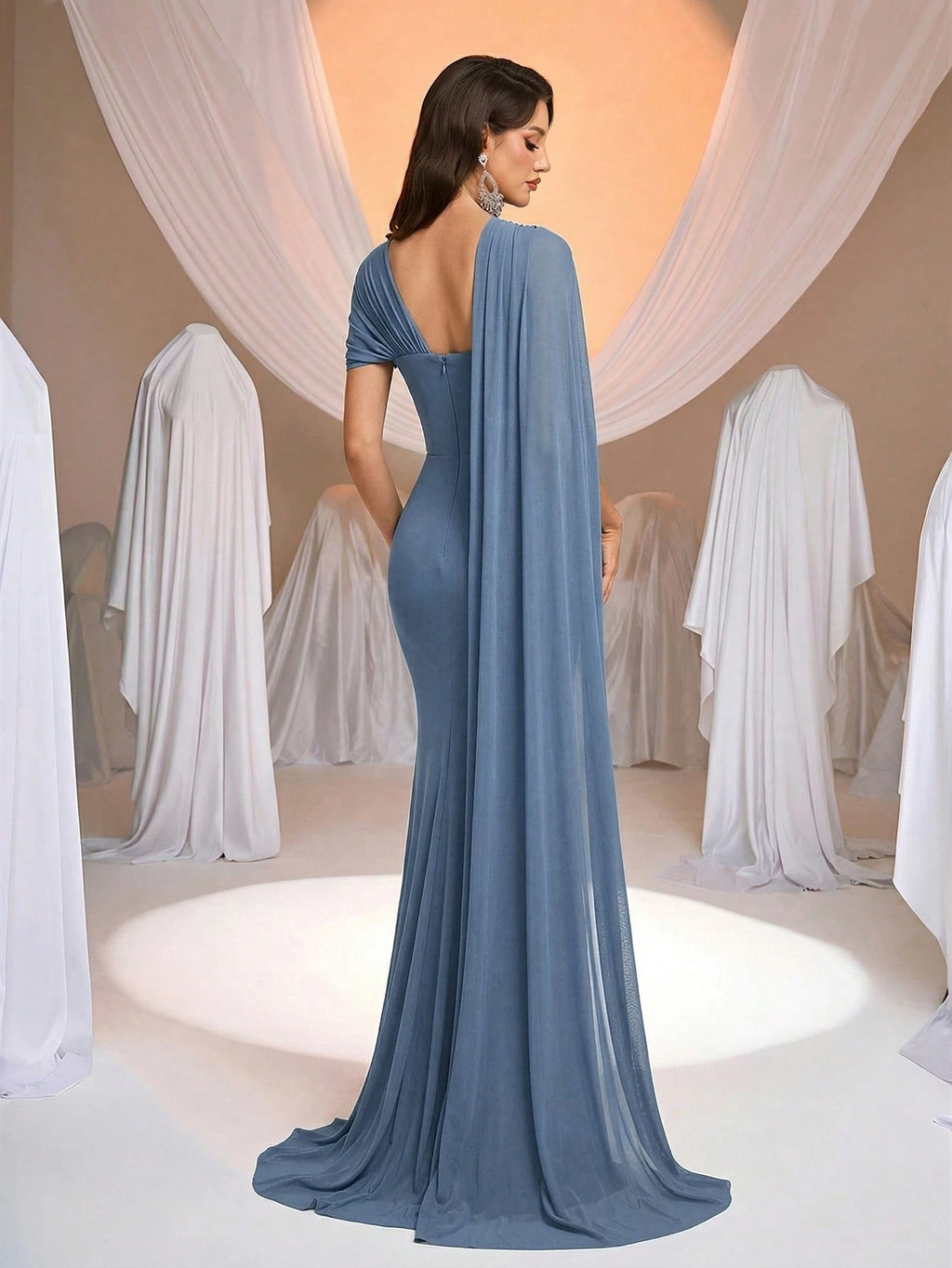 Aureia Elegant Luxurious Elastic Knit Ruched Asymmetrical Neckline Flounce A-Line Bridesmaid Dress - image 12