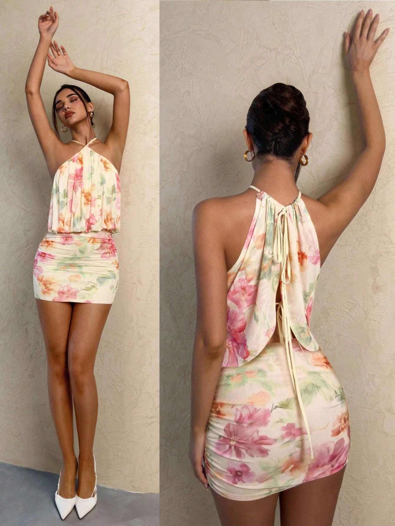 Glamine Hot Pink Floral Mesh Mini Dress Elegant Sexy Halter Neck Draped Cowl Front Bodycon Ruched Soft Lined - image 8