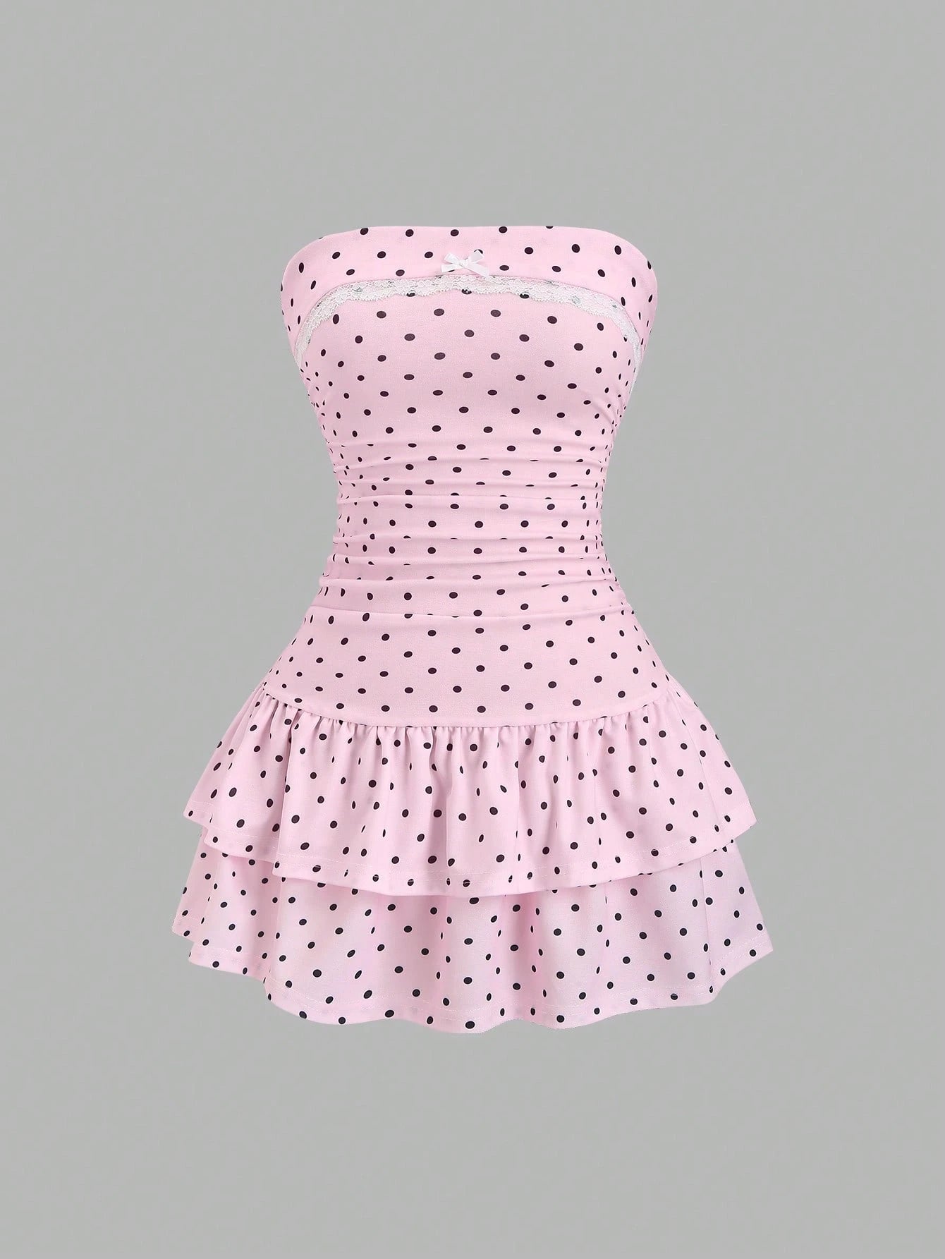 Sweetra Black And White Polka Dot Summer Cute Picnic Dress,French Strapless Bodycon Cinched Waist Tiered Hem - image 7