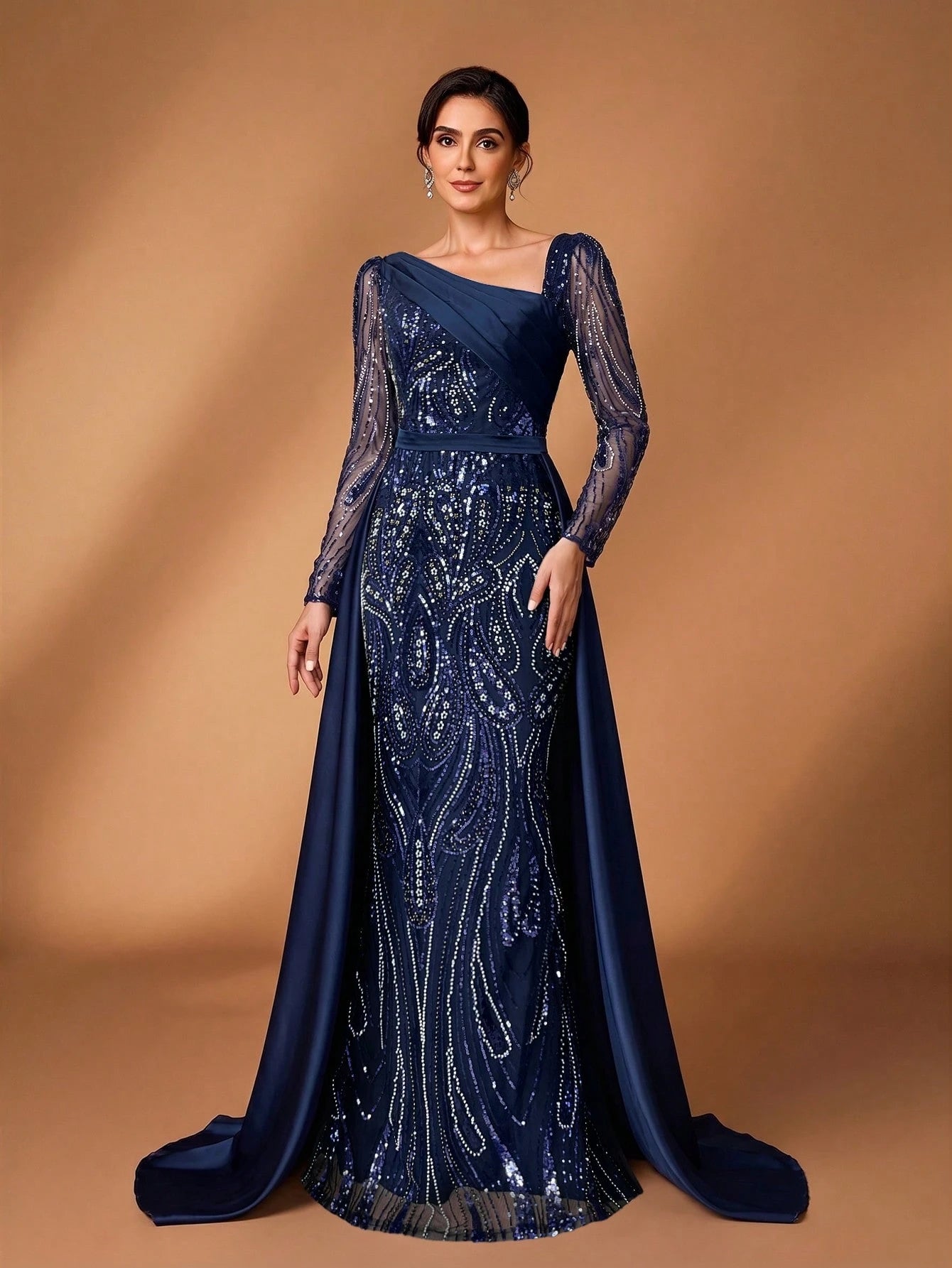 Serin Elegant Navy Blue Winter Formal Evening Wedding Dress,Luxurious
