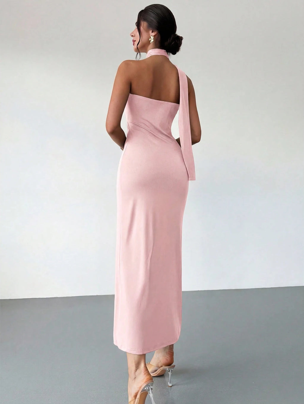 Firerie Women's Dusty Pink Summer Seductive Tropical Cocktail Dress,Elegant One Sided Asymmetrical Fitted - image 2