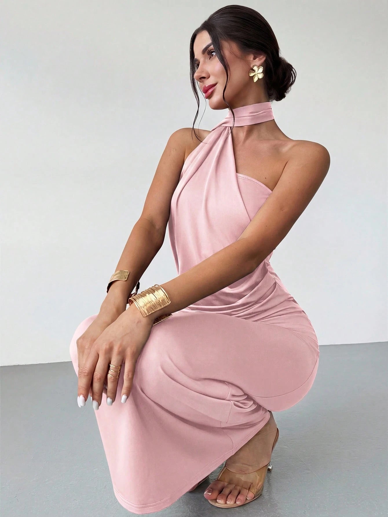 Firerie Women's Dusty Pink Summer Seductive Tropical Cocktail Dress,Elegant One Sided Asymmetrical Fitted - image 4