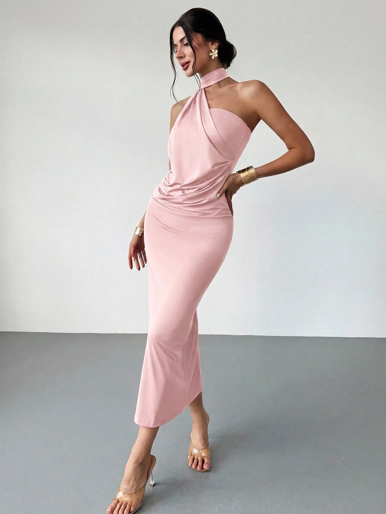 Firerie Women's Dusty Pink Summer Seductive Tropical Cocktail Dress,Elegant One Sided Asymmetrical Fitted - image 8