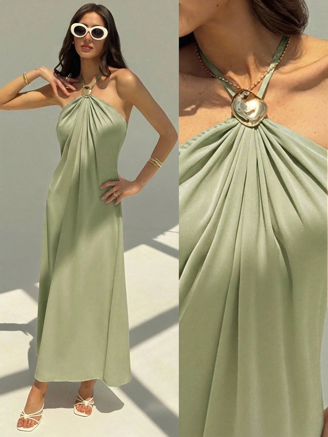 Aloruh New Champagne Backless Pleated Minimalist Long Dress, Metal