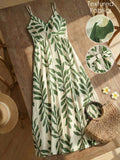 Elouméa Women's Green Leaf Print Tie-Strap A-Line Dress, Suitable For