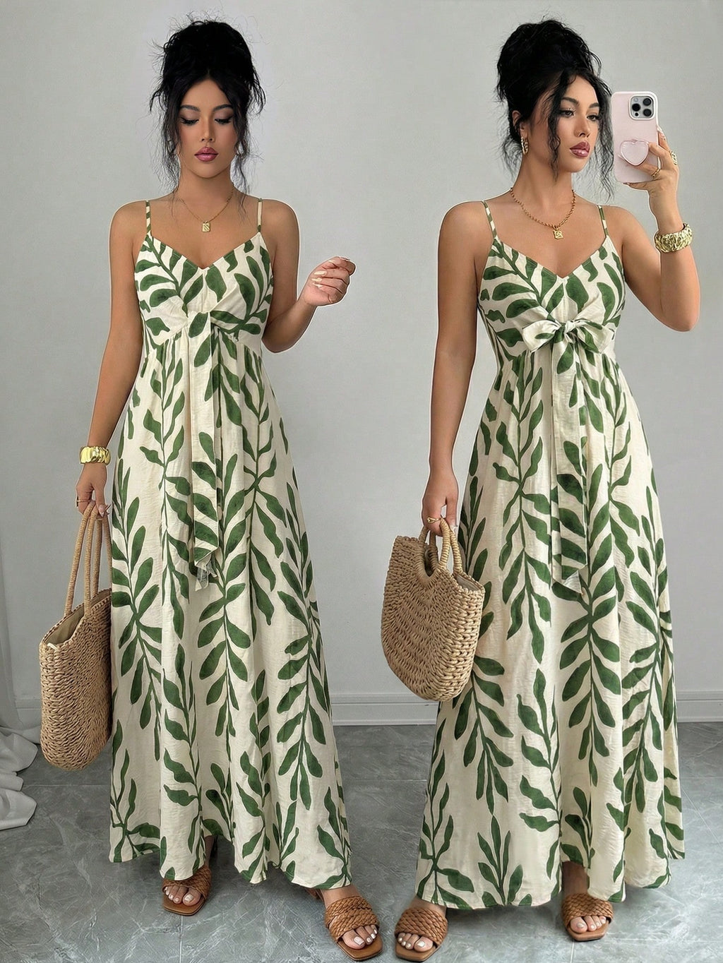 Elouméa Women's Green Leaf Print Tie-Strap A-Line Dress, Suitable For