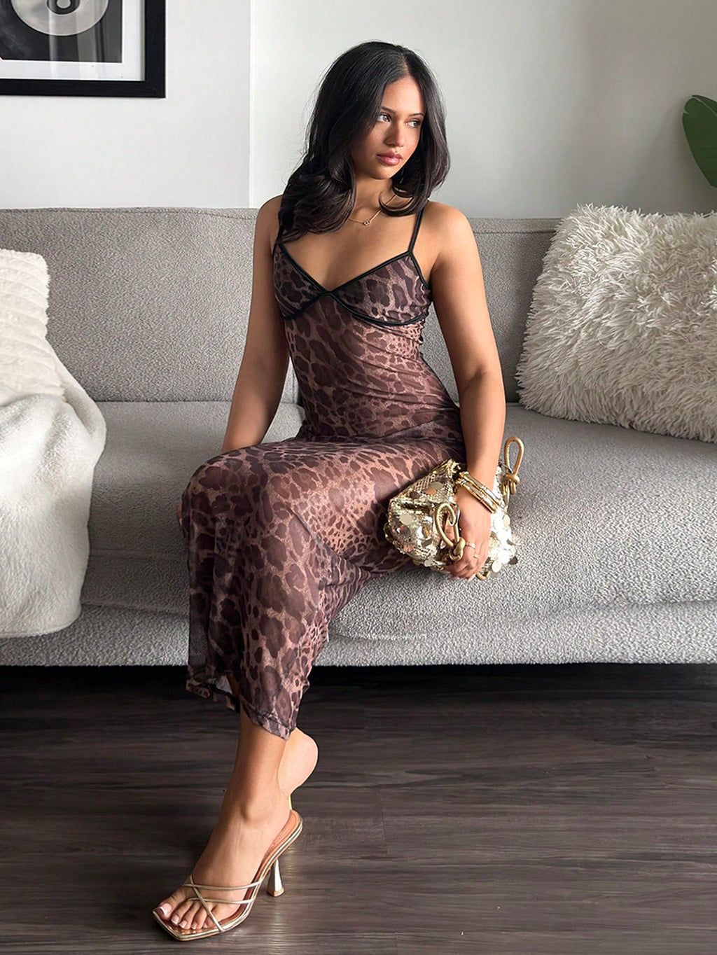 leahseptember New Sexy Leopard Print Mesh Slip Dress, Skinny Fit,