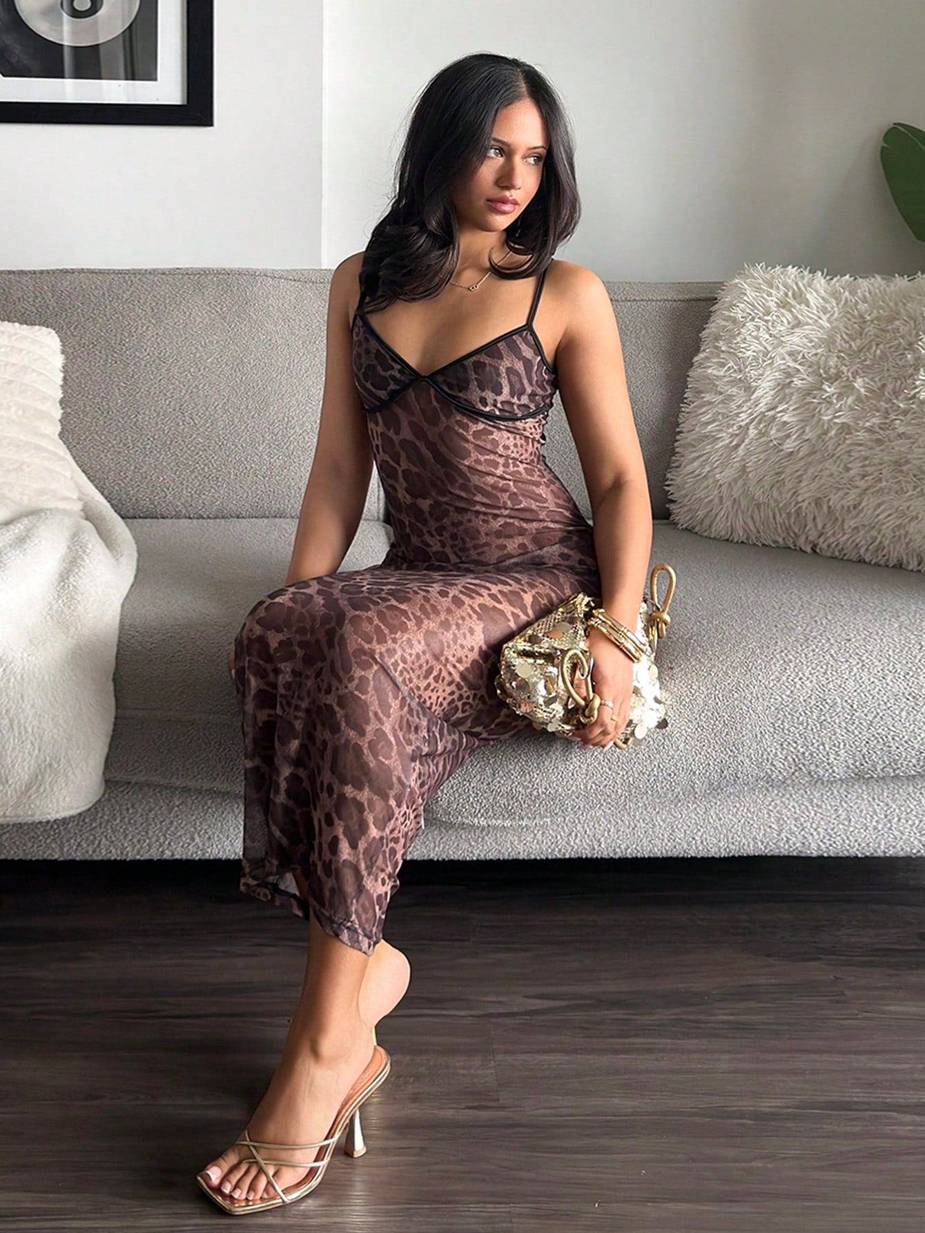 leahseptember New Sexy Leopard Print Mesh Slip Dress, Skinny Fit,