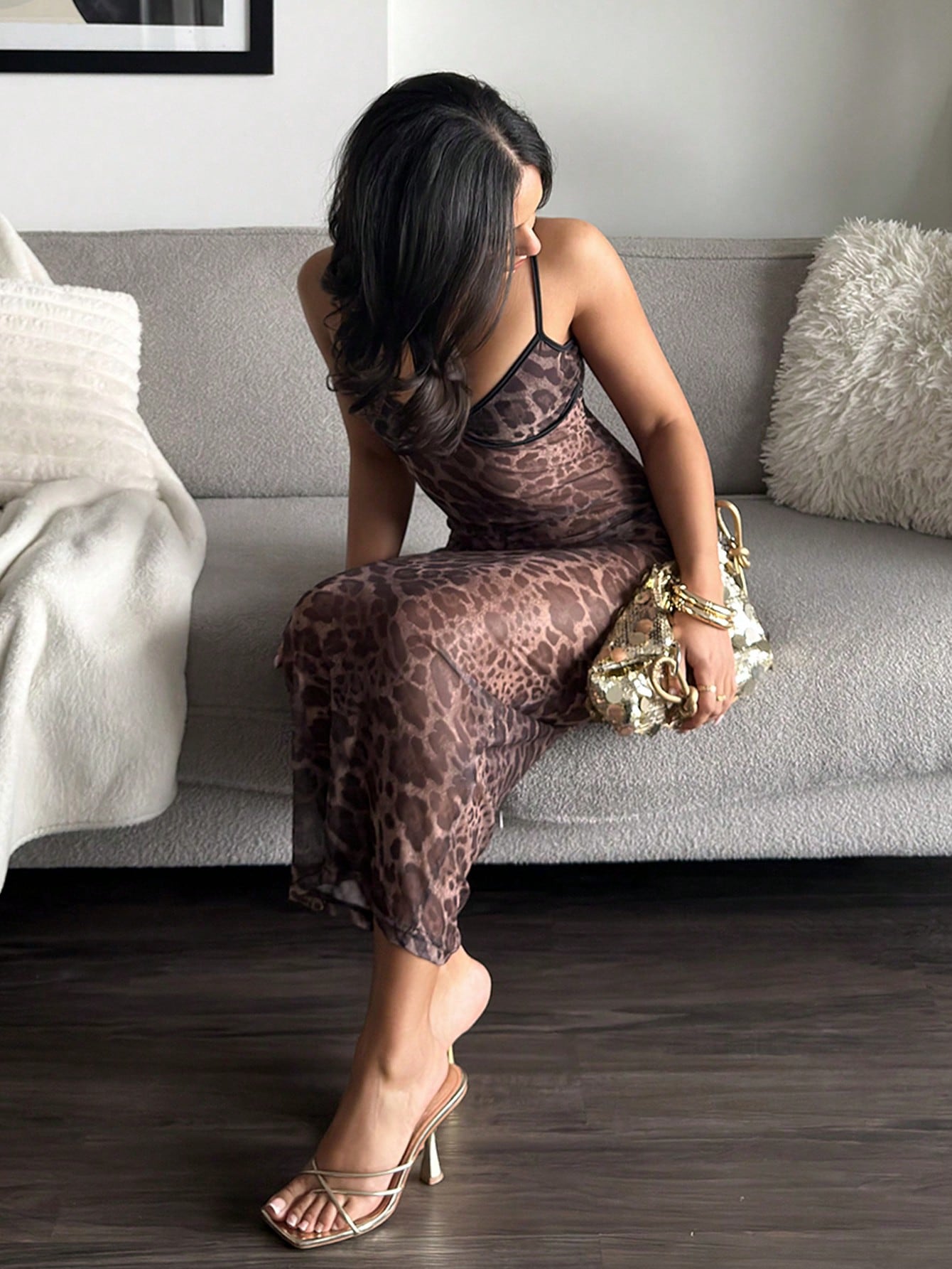 leahseptember New Sexy Leopard Print Mesh Slip Dress, Skinny Fit,