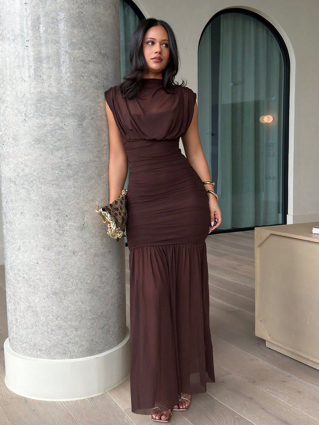 leahseptember Black Wrap Shawl Elegant Sheer Ruched Dress, Suitable