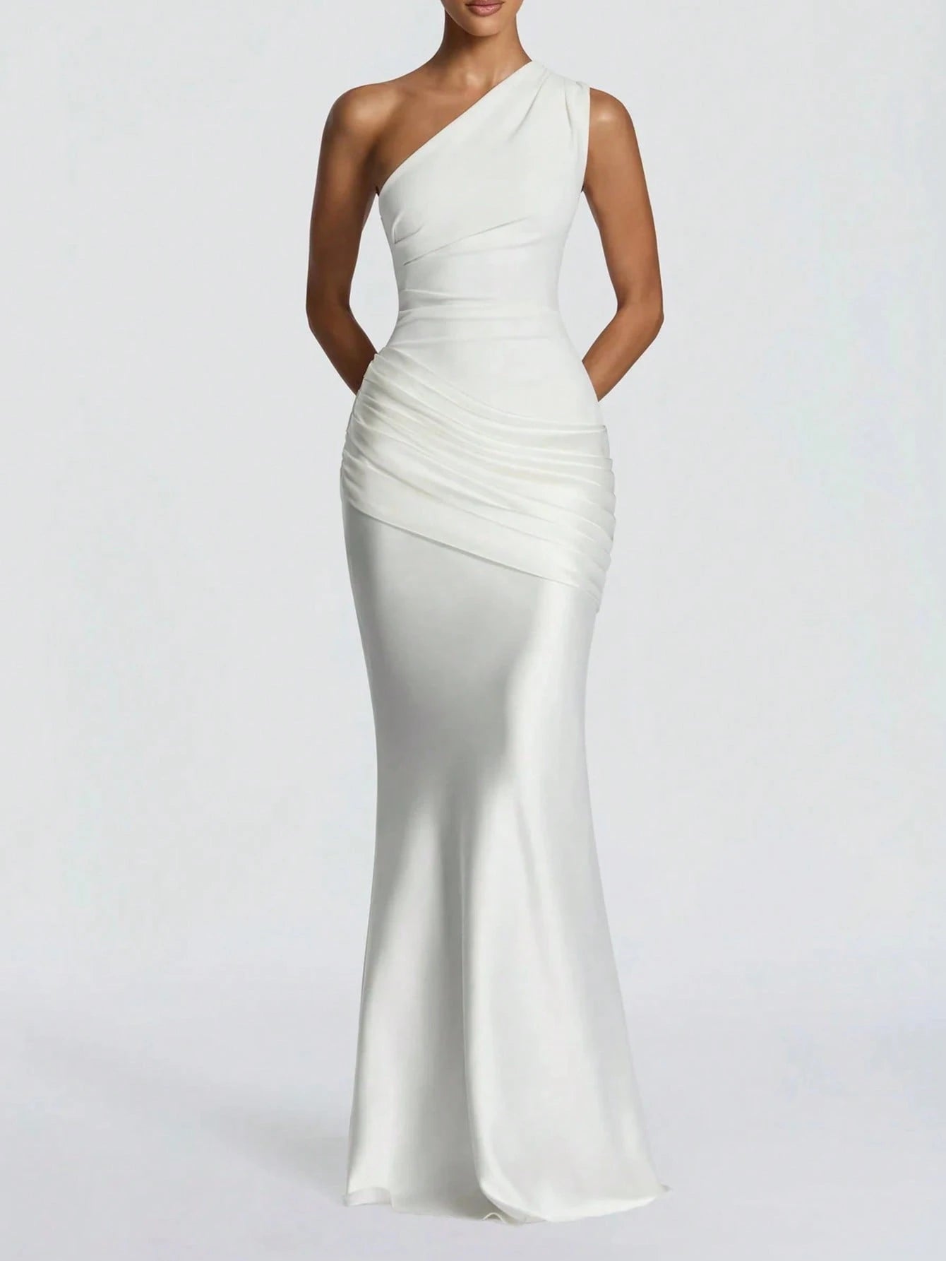 Elegant Satin Patchwork One-Shoulder Dress, Fashionable For Outings,