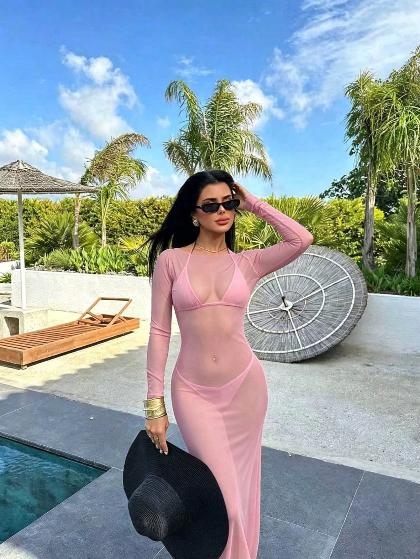 Women's Sexy Bodycon Mesh Sheer Off Shoulder Long Sleeve Dress,