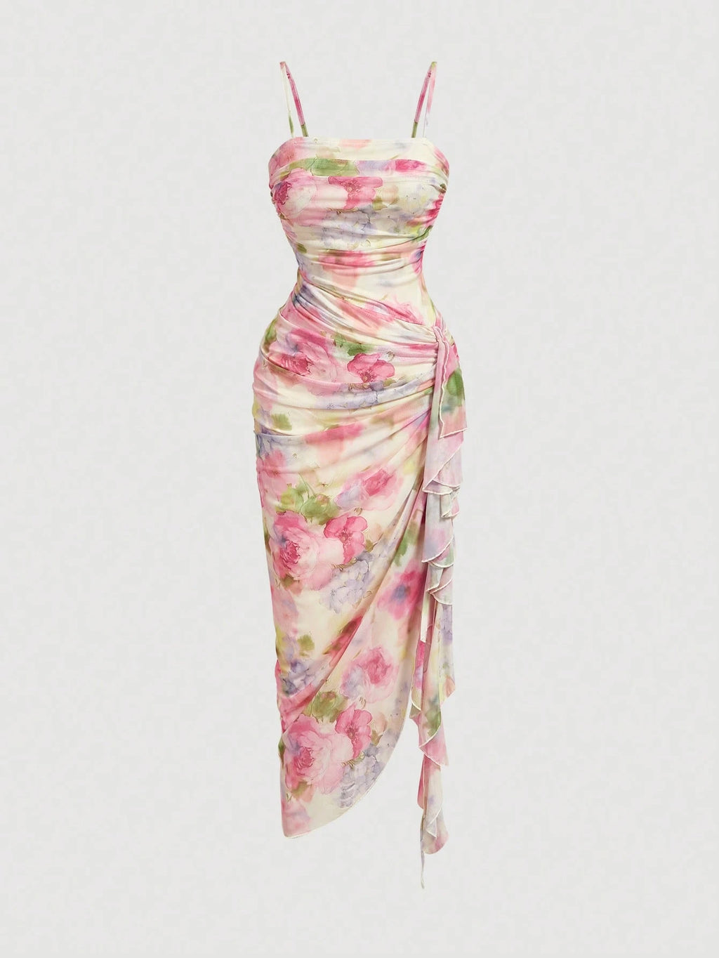 Skyraze Women's Elegant Cream Floral Print Ruffle Hem Fitted Midi Slip Dress,Cottage Core Summer Flowy - image 19
