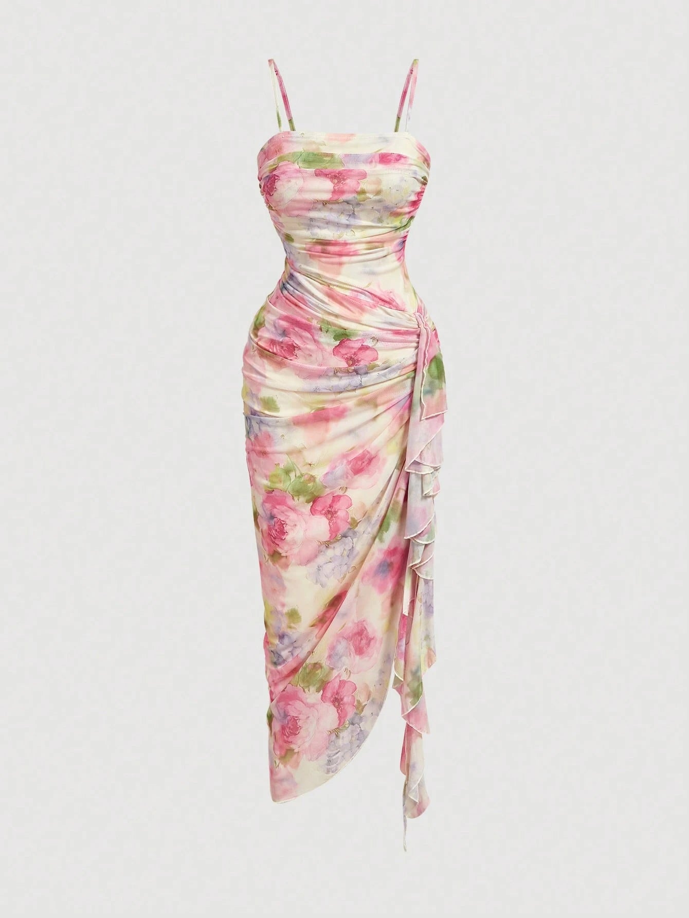 Skyraze Women's Elegant Cream Floral Print Ruffle Hem Fitted Midi Slip Dress,Cottage Core Summer Flowy - image 19