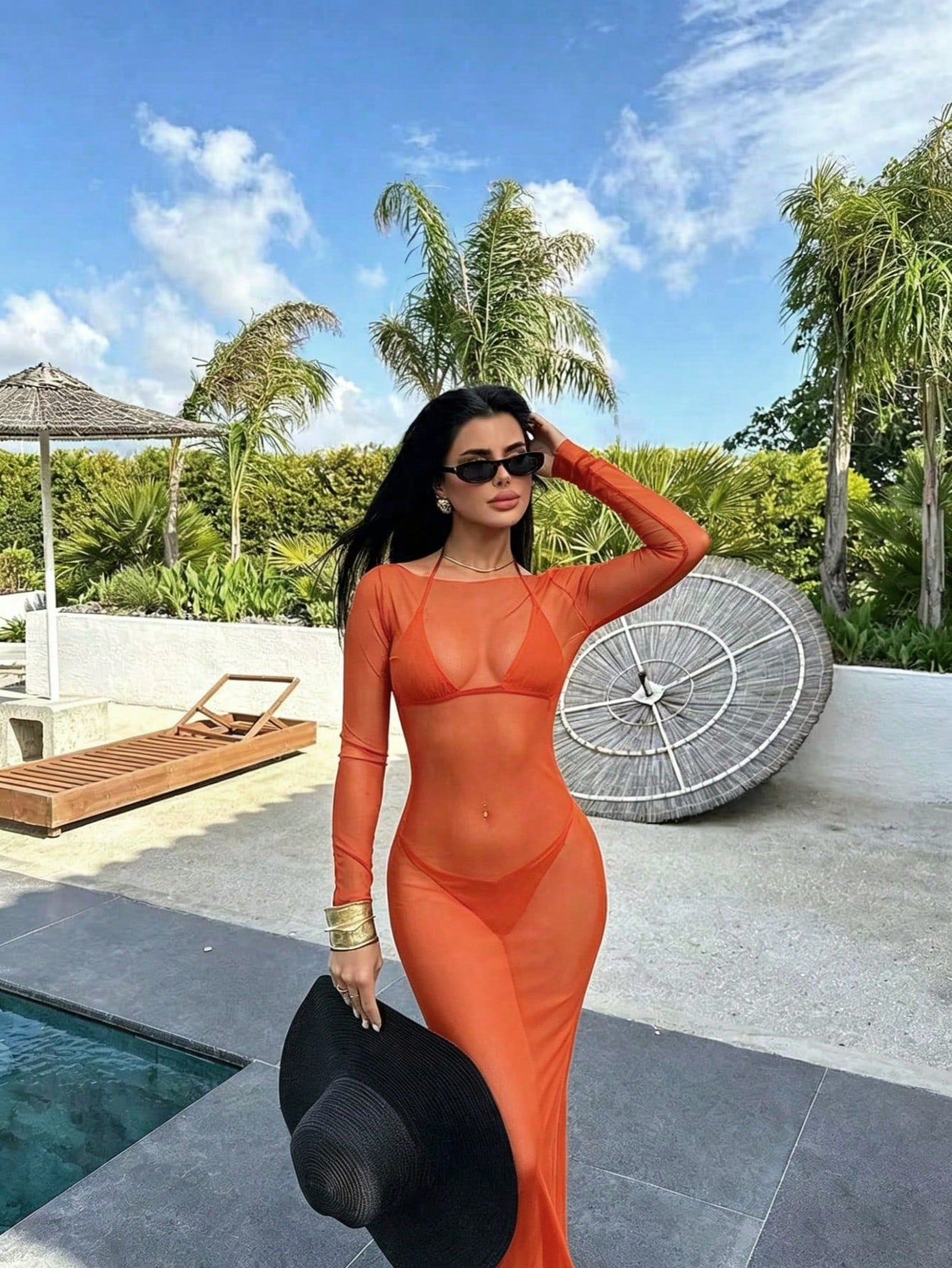 Women's Sexy Bodycon Mesh Sheer Off Shoulder Long Sleeve Dress,