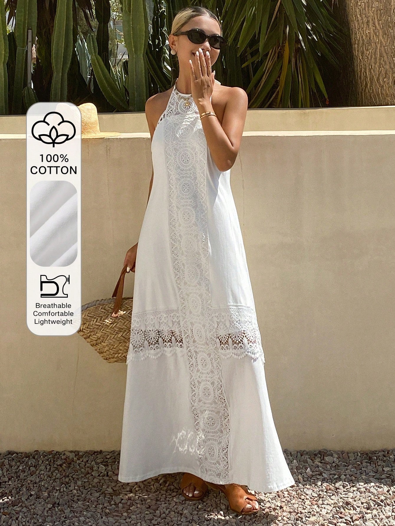 DAZY Contrast Lace Hollow Out Halter Backless Elegant Vacation Beach Dress For Women Sun Dresses For Women - image 6