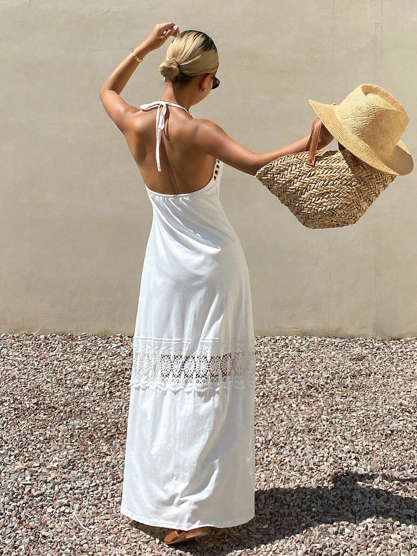 DAZY Contrast Lace Hollow Out Halter Backless Elegant Vacation Beach Dress For Women Sun Dresses For Women - image 2