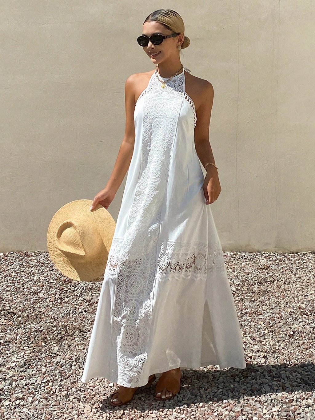 DAZY Contrast Lace Hollow Out Halter Backless Elegant Vacation Beach Dress For Women Sun Dresses For Women - image 3