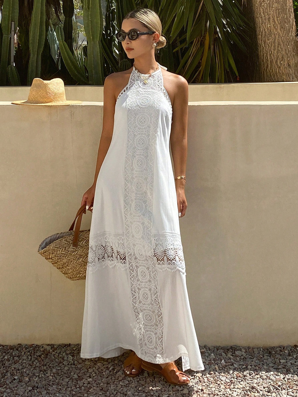 DAZY Contrast Lace Hollow Out Halter Backless Elegant Vacation Beach Dress For Women Sun Dresses For Women - image 4