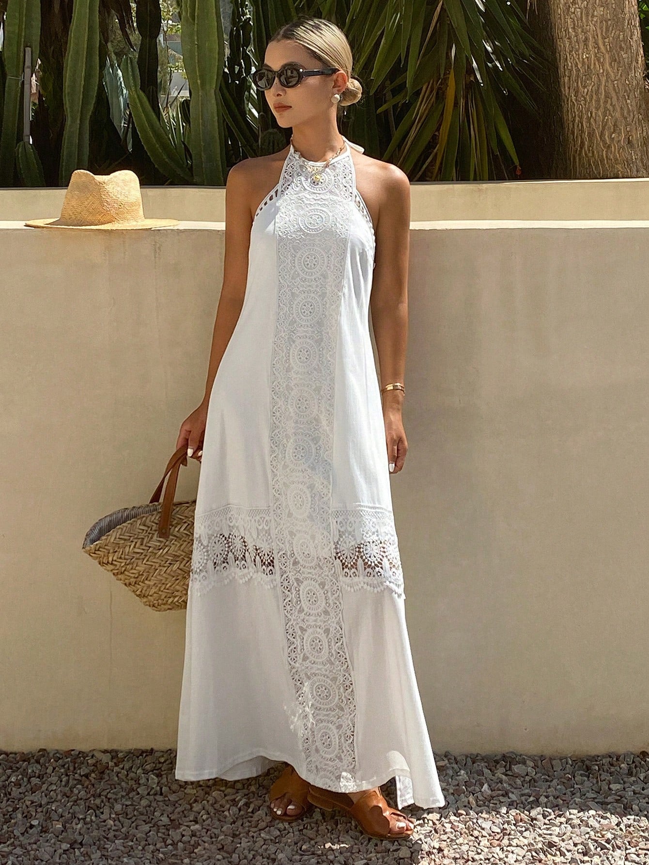 DAZY Contrast Lace Hollow Out Halter Backless Elegant Vacation Beach Dress For Women Sun Dresses For Women - image 4