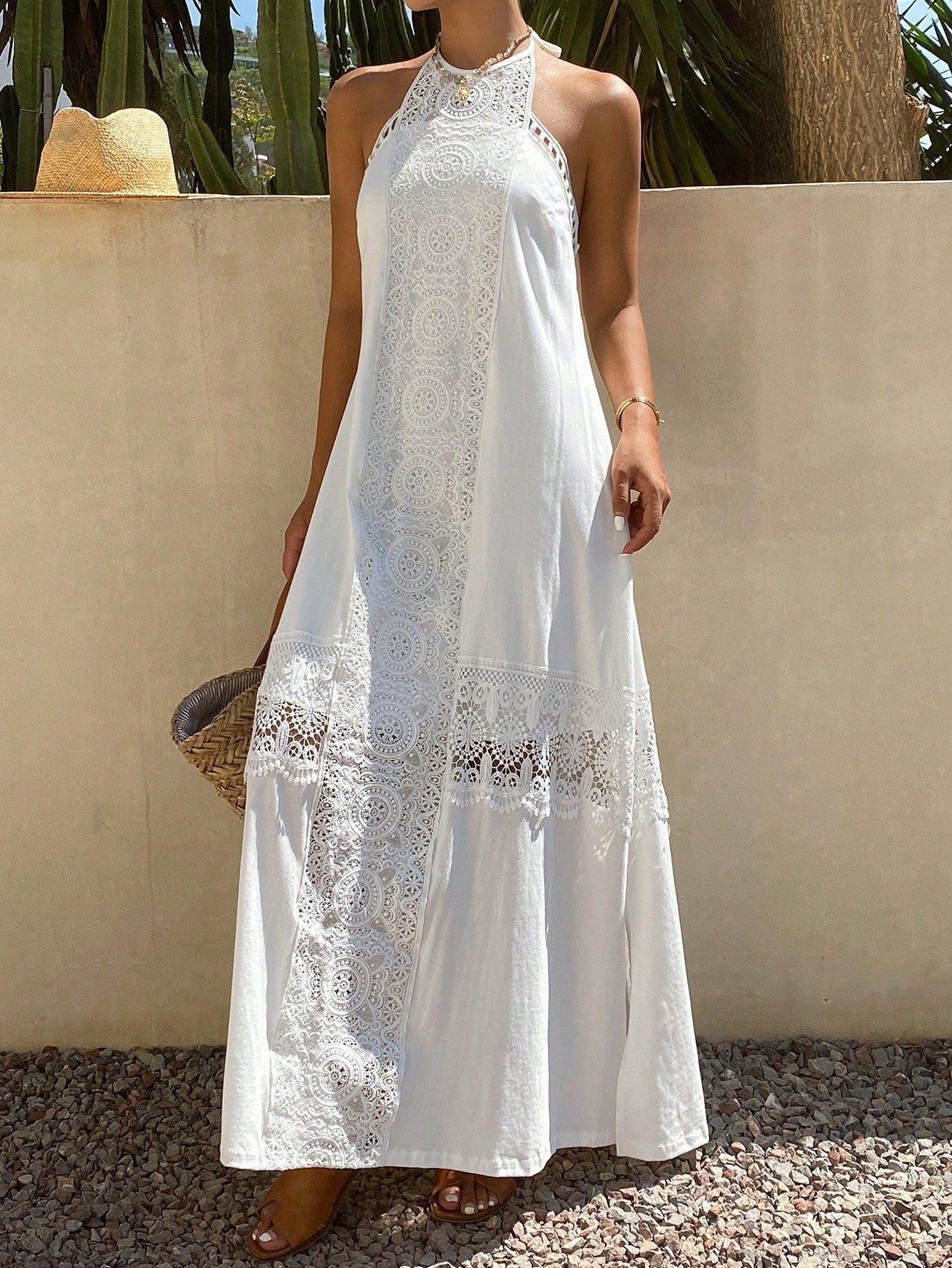 DAZY Contrast Lace Hollow Out Halter Backless Elegant Vacation Beach Dress For Women Sun Dresses For Women - image 5