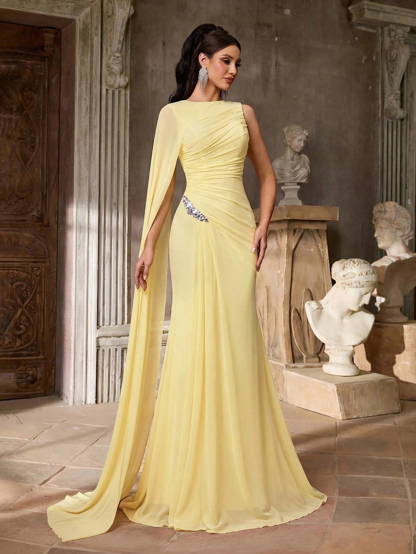 Aureia Elegant Graceful Sophisticated High Elastic Mesh Fabric Round Neck One Shoulder Oversized Cape Sleeve - image 18