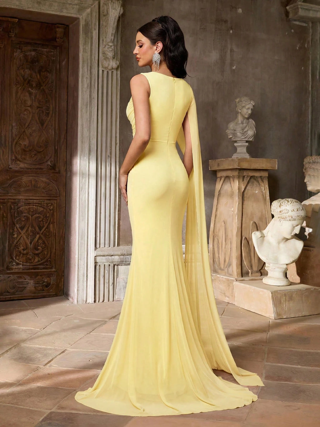 Aureia Elegant Graceful Sophisticated High Elastic Mesh Fabric Round Neck One Shoulder Oversized Cape Sleeve - image 19