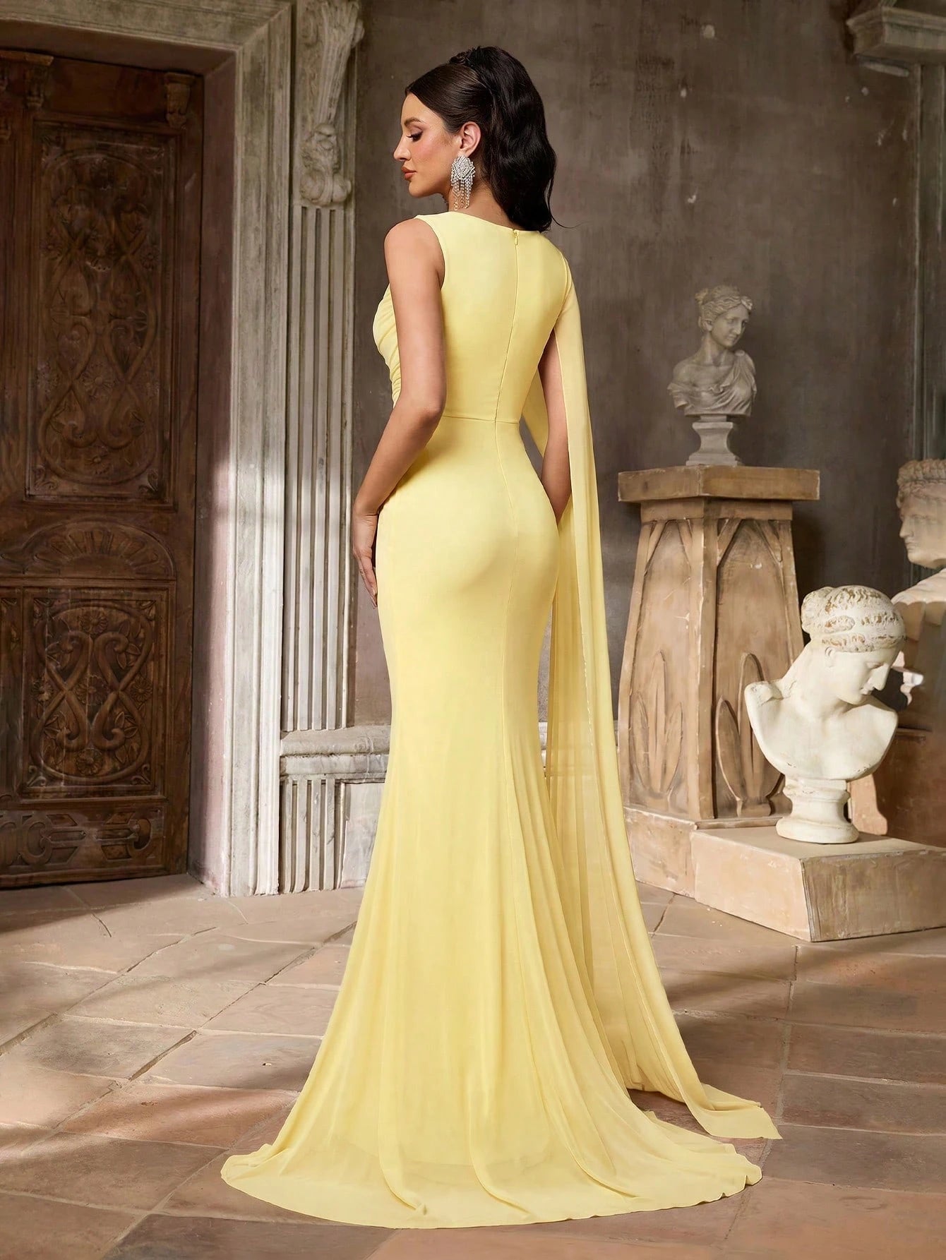 Aureia Elegant Graceful Sophisticated High Elastic Mesh Fabric Round Neck One Shoulder Oversized Cape Sleeve - image 19