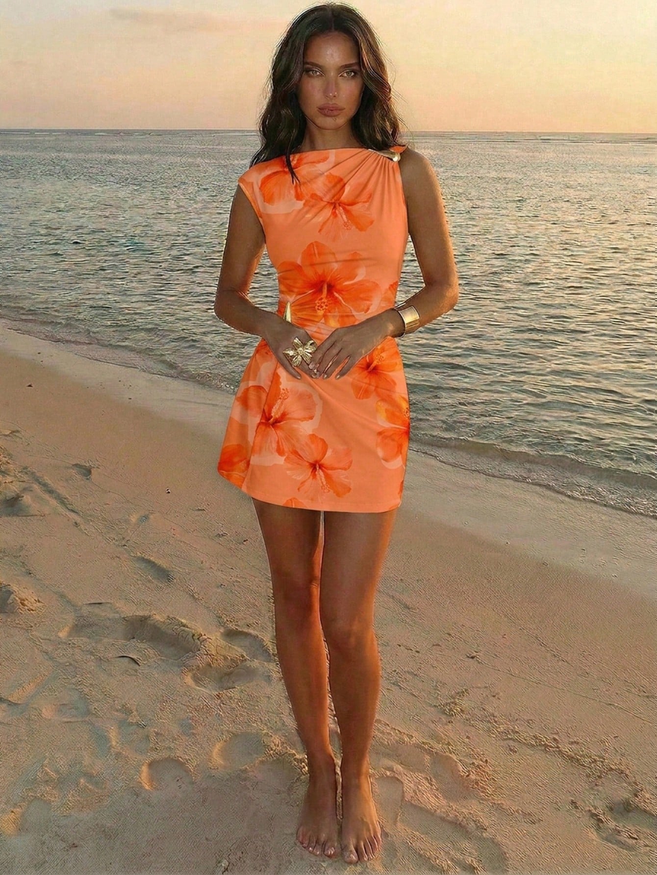 Aloruh Women's Elegant Tropical Orange Floral Hibiscus Print Metal Decor Ruched Umbrella Hem Mini Dress, - image 10